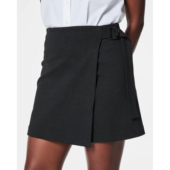 NWT SPANXsmooth Ponte Wrap Mini Skirt with Built-in Short Charcoal Heather Small - Picture 1 of 6